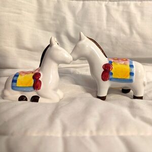 Burro Donkey Hand Painted Salt And Pepper Shakers White Floral